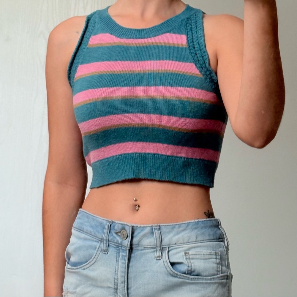 Madewell Pink Teal Women’s Striped Woven Crochet Tank Top Shirt Crop